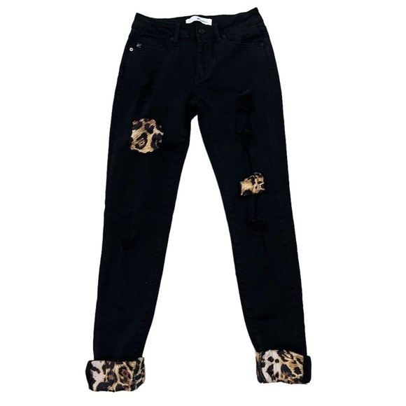 KanCan Jeans Womens Black Cheetah Print Cuff Distressed Black Ankle Jeans Size 5 - Picture 7 of 9